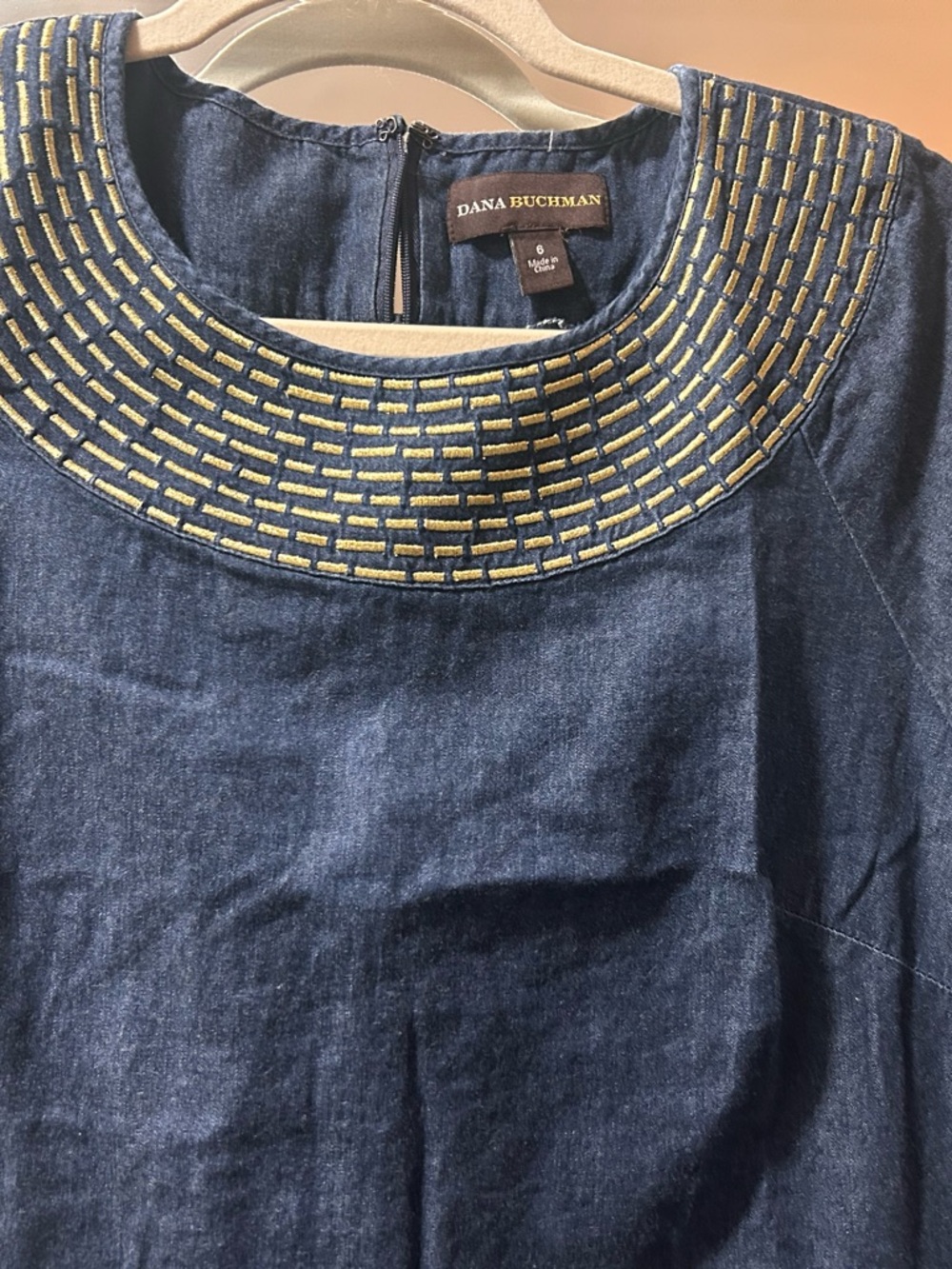 Dana Buchman Navy Denim Top with Yellow Embroidered Collar